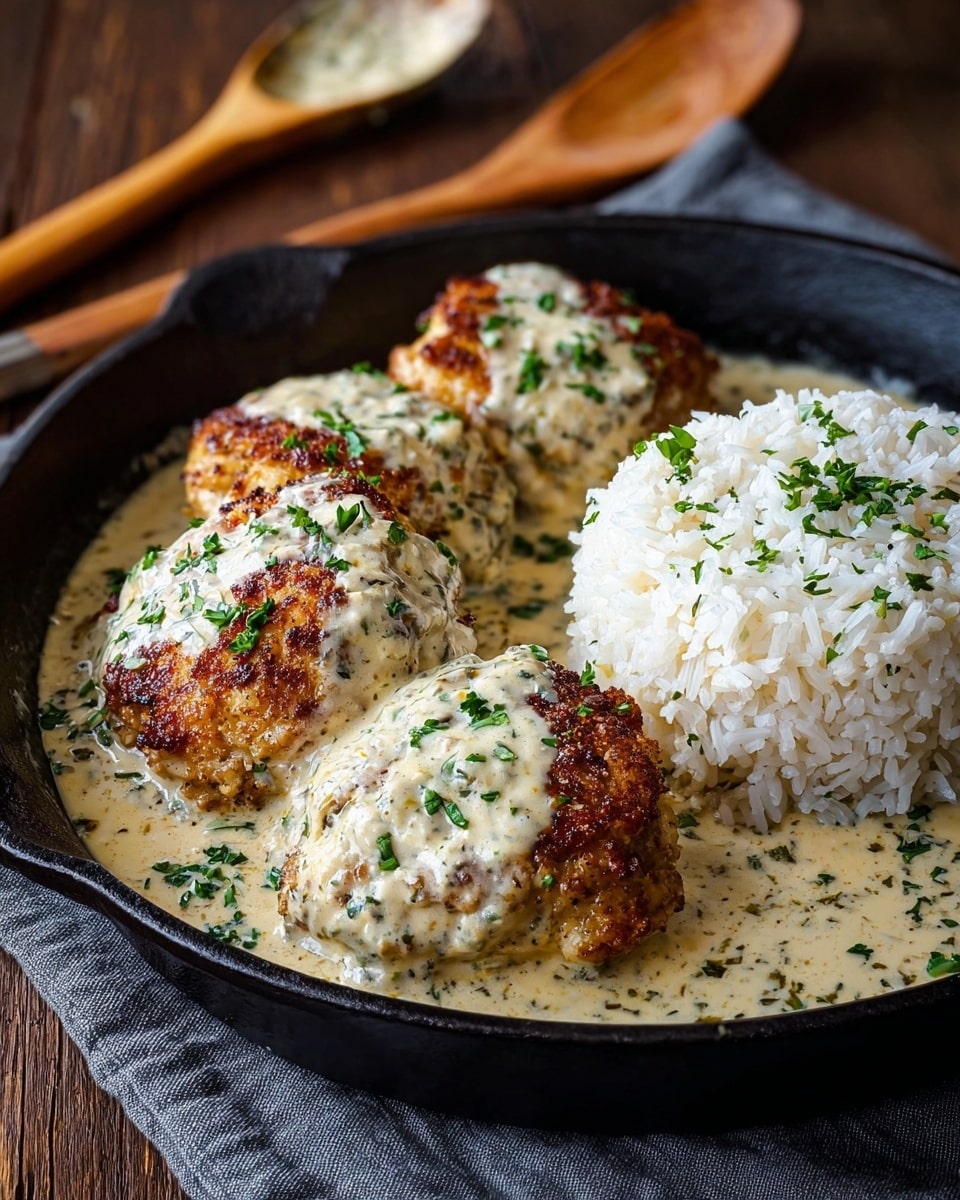 The image shows three browned, crispy chicken pieces covered in a thick, creamy white sauce with green herb specks, arranged in a black cast-iron skillet. To the right, there is a neat mound of fluffy white rice sprinkled with small bits of herbs. The sauce pools around the chicken and rice, with finely chopped green herbs garnished on top, giving a fresh touch. The skillet sits on a dark gray cloth on a wood surface, with a wooden spoon and a sauce-covered spoon in the background. photo taken with an iphone --ar 4:5 --v 7