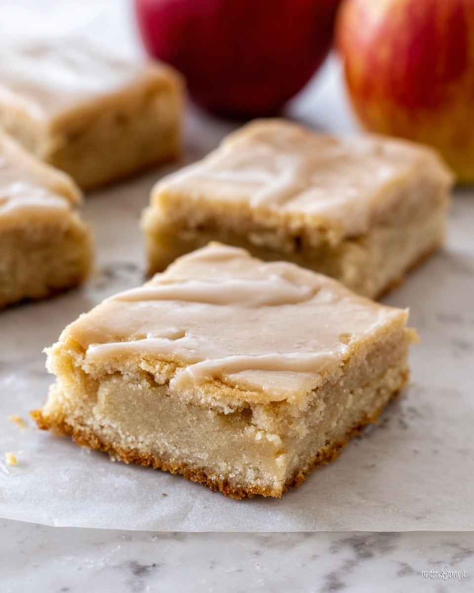 Three square dessert bars are shown on a white marbled surface, each bar having two layers. The bottom layer is a light tan, crumbly cake base with a soft texture. The top layer is a smooth, beige glaze with a slightly shiny, icing-like finish spread evenly over the cake. The edges of the bars are slightly rough, showing the crumbly texture of the cake below. In the background, two red apples are softly blurred. photo taken with an iphone --ar 4:5 --v 7