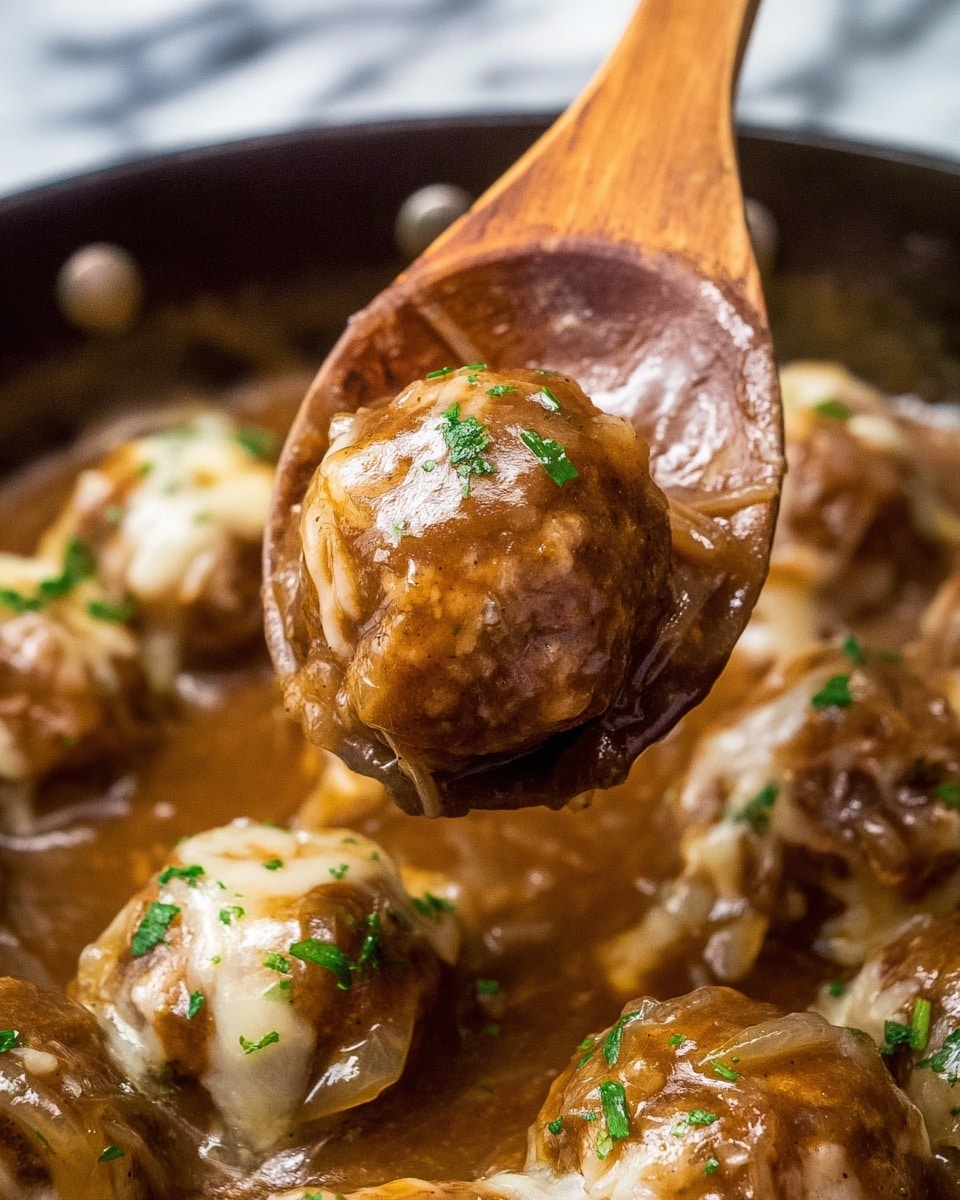A close-up of a wooden spoon lifting three round meatballs covered in a glossy brown gravy with soft, translucent cooked onion slices and melted cheese dripping over them, sprinkled with small green herb bits; in the background, several more meatballs in the same brown gravy sit in a pan, set on a white marbled surface. Photo taken with an iphone --ar 4:5 --v 7