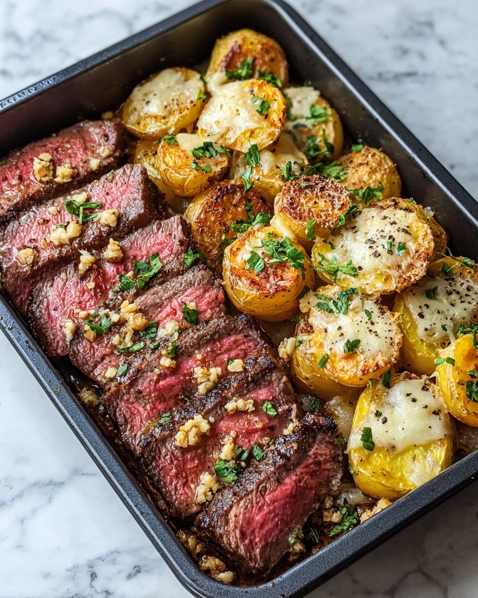 A close-up view of a rectangular black baking tray filled with two main parts: on the left, thick slices of medium-rare steak with a pink center and a charred brown crust, sprinkled with crushed garlic and fresh green herbs; on the right, halved golden roasted potatoes with crispy edges, topped with melted cheese and black pepper, scattered with small green herb leaves. The tray rests on a white marbled texture surface. photo taken with an iphone --ar 4:5 --v 7