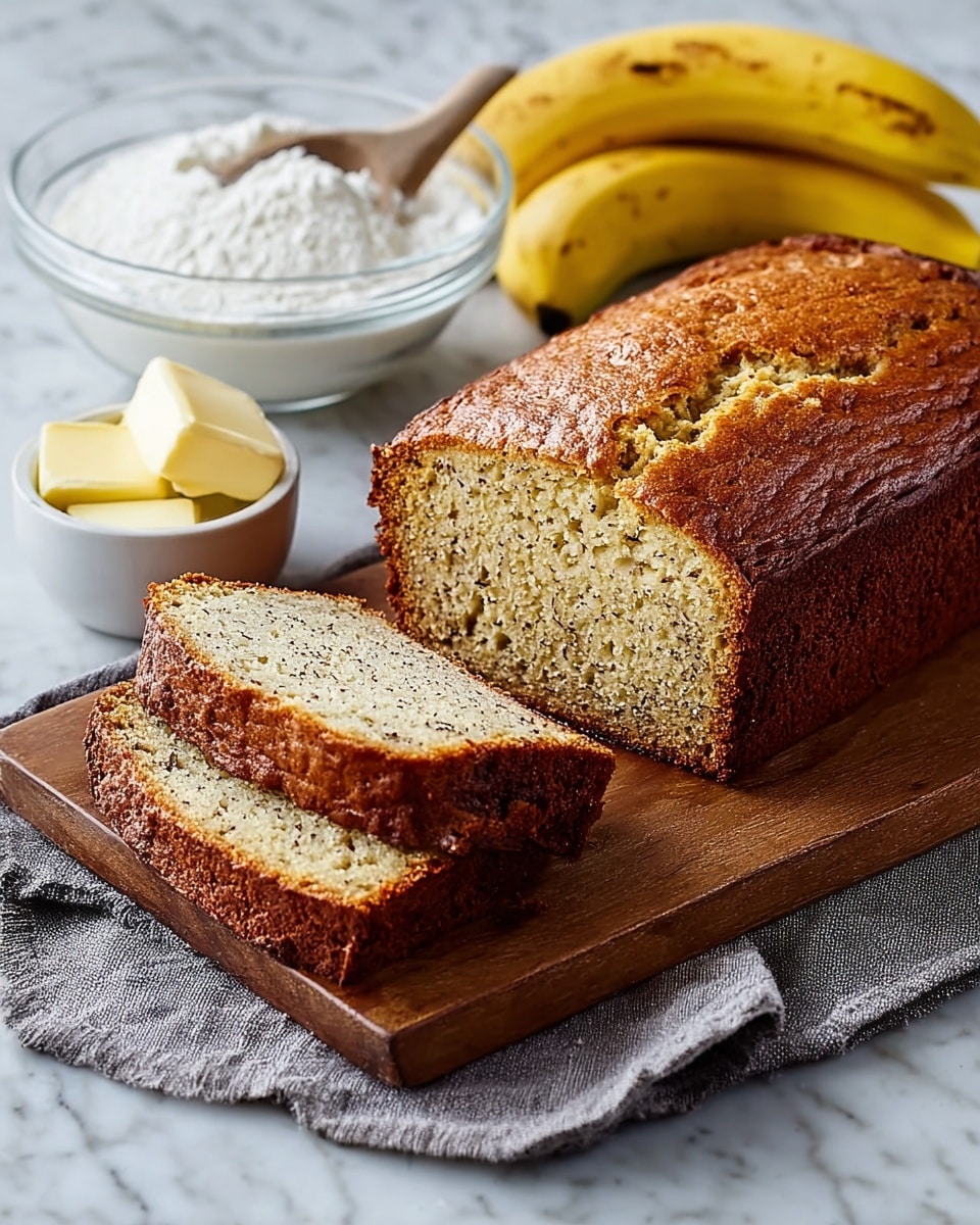A loaf of banana bread with a golden-brown crust sits on a wooden board placed over a gray cloth on a white marbled surface. Two slices are cut from the loaf, showing a moist, light yellow inside speckled with tiny dark brown spots. Nearby, there is a small clear glass bowl filled with softened butter, a white bowl filled with white flour, and two ripe yellow bananas with brown spots. Photo taken with an iphone --ar 4:5 --v 7
