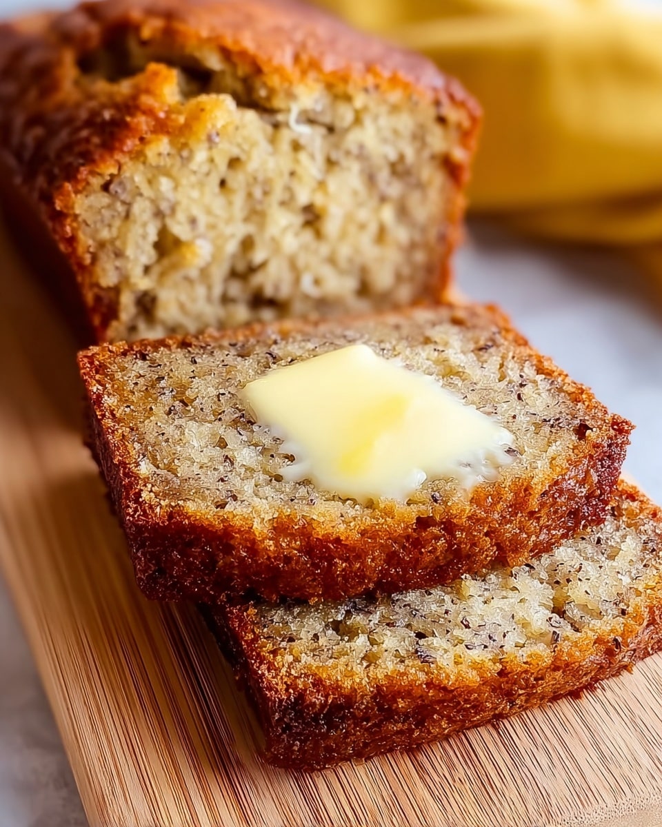 A close-up view of two slices of banana bread stacked on a light wood cutting board, showing a moist, crumbly texture with small dark specks throughout the bread. The top slice, in the foreground, has a melting pat of pale yellow butter sitting on its surface, adding a glossy shine to the warm golden-brown crust edges. The background is softly blurred with a hint of yellow, keeping all focus on the detailed texture of the banana bread. Photo taken with an iphone --ar 4:5 --v 7