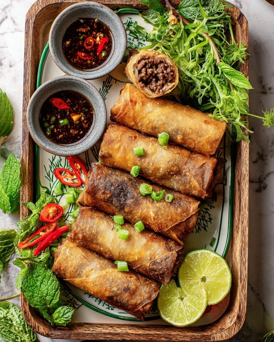 The image shows five crispy fried spring rolls with a golden-brown texture, placed slightly overlapping on the right side of a white plate with green accents. One spring roll is cut open at the top, revealing a dark brown meat filling mixed with small bits of green onion. The spring rolls are sprinkled with chopped green onions on top. Around the rolls, there are fresh green herbs and leaves, bright red sliced chili peppers, and two lime wedges with a pale green color on the bottom right. On the top left of the plate are two small round gray bowls filled with dark red dipping sauce containing bits of chili and garlic. The whole setting is on a wooden tray, and the background is a white marbled texture. photo taken with an iphone --ar 4:5 --v 7
