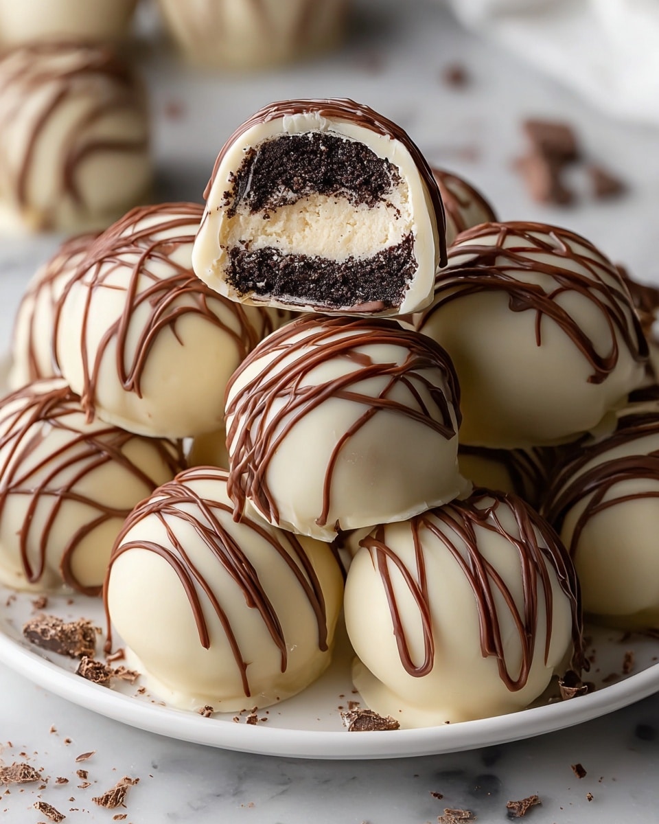 A close-up of a white plate stacked with round truffles covered in smooth white chocolate, each decorated with thin, irregular dark chocolate drizzles across the top. One truffle, placed at the center and slightly elevated above the others, is bitten, revealing three layers: a rough dark chocolate base, a thick creamy off-white middle layer with a soft texture, and the smooth white chocolate shell covering it all. The plate sits on a white marbled surface with a few chocolate crumbs scattered around. Photo taken with an iphone --ar 4:5 --v 7