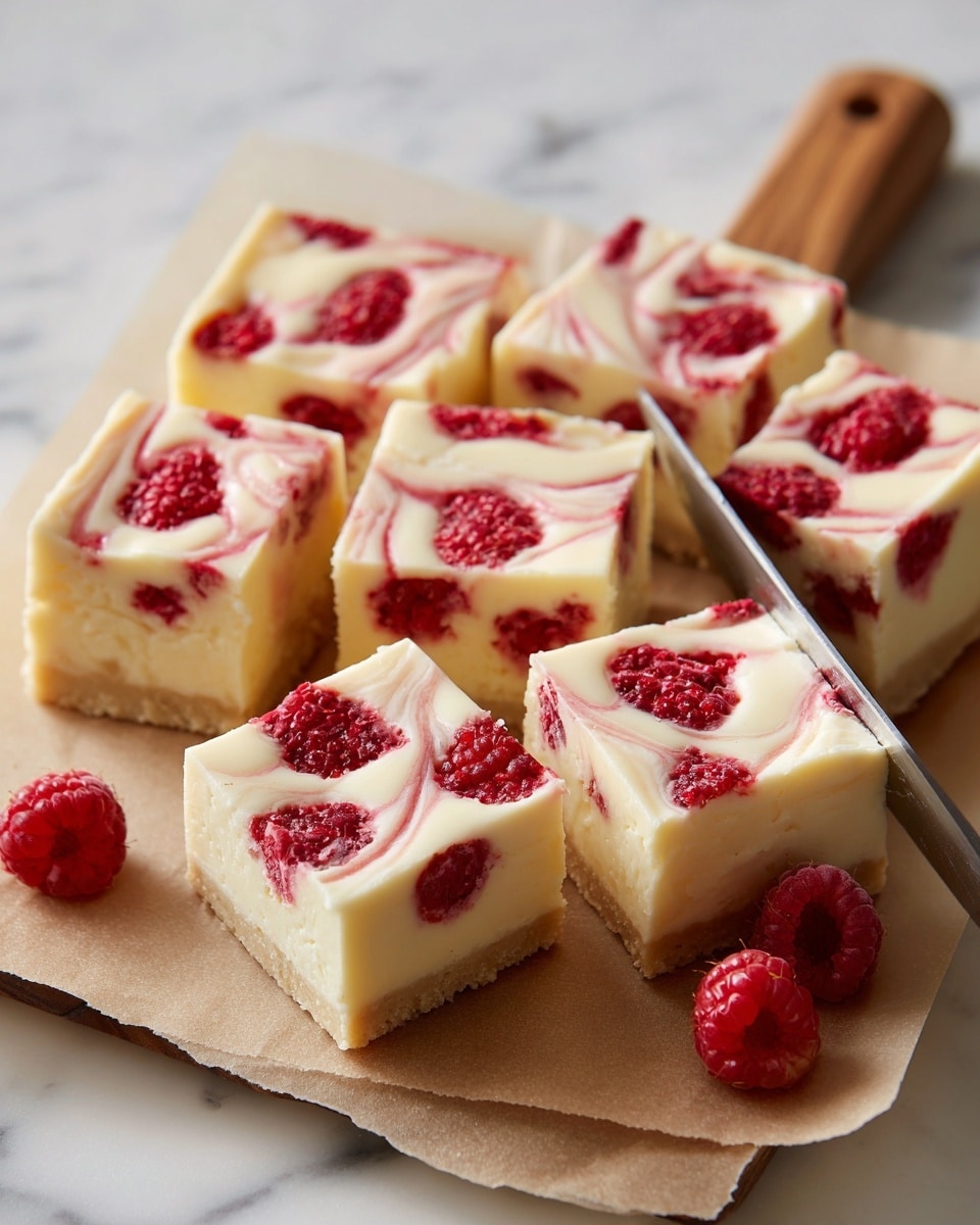 The image shows six square pieces of a creamy white dessert, each with whole red raspberries embedded inside and on top. The dessert looks smooth and soft with a swirled texture on the surface. A knife is cutting through one piece, slicing it neatly into smaller squares. The dessert rests on light brown parchment paper, all placed on a white marbled textured surface. photo taken with an iphone --ar 4:5 --v 7