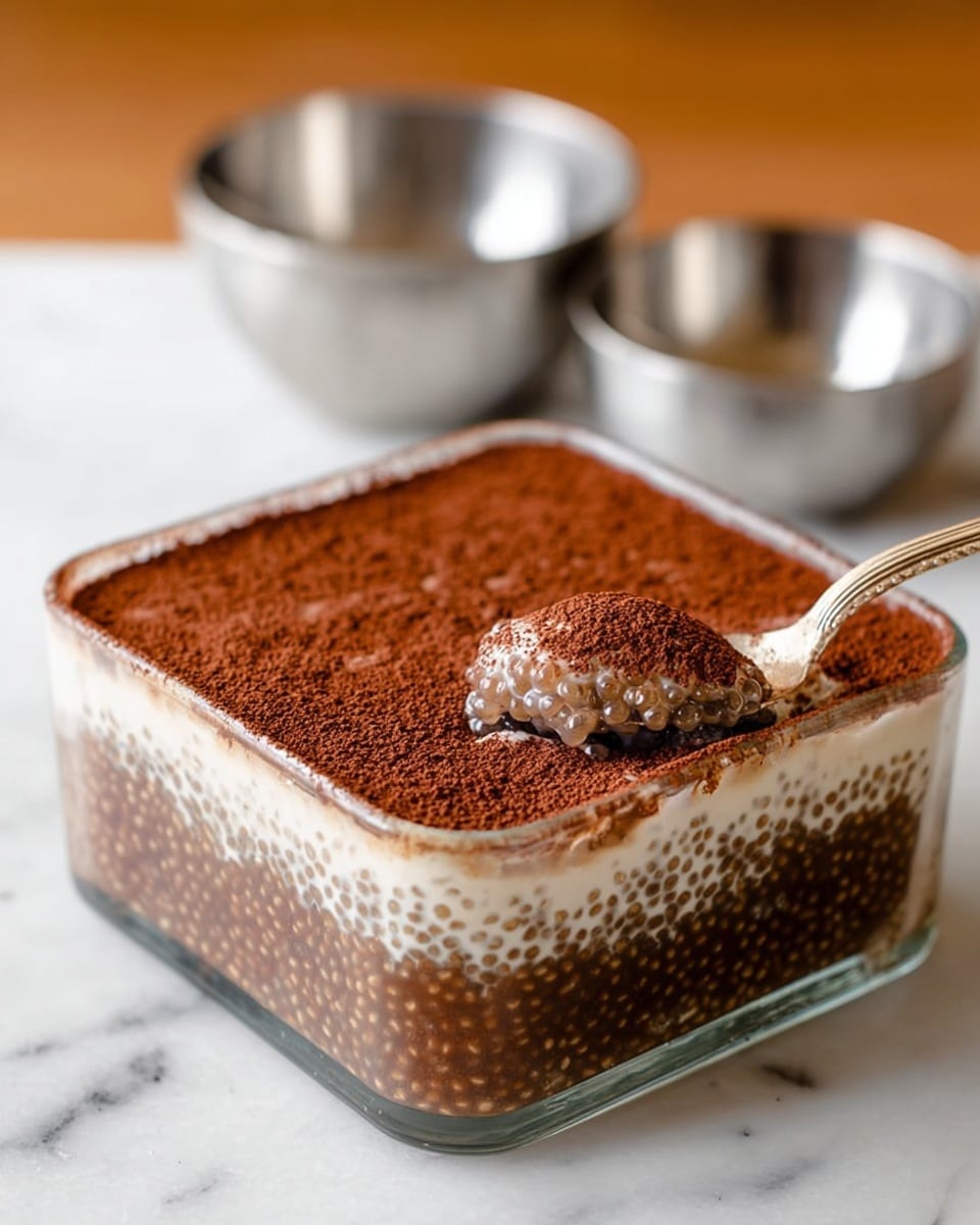 A clear glass square container on a white marbled surface holds a layered dessert with three visible layers: the bottom layer is dark brown with small round tapioca pearls, the middle layer is creamy and white, and the top layer is a thick dark brown cocoa powder dusting covering the surface evenly; a spoon on the right side scoops some of the middle and top layers revealing the creamy inside, with two shiny silver mixing bowls blurred in the background; photo taken with an iphone --ar 4:5 --v 7
