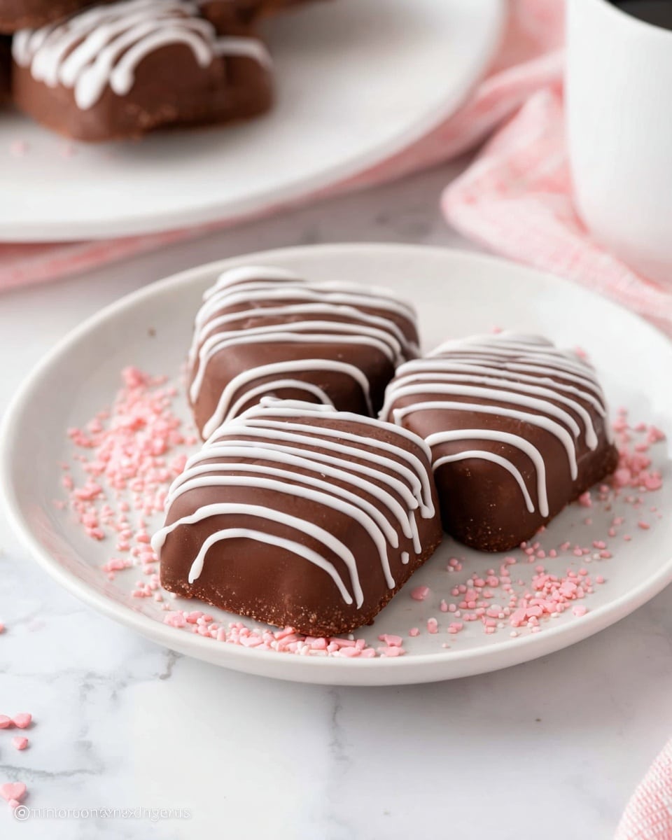 Three chocolate-covered square treats sit on a white plate with pink sprinkles scattered around them. Each treat has smooth dark brown chocolate coating with five thick, curvy white icing lines drizzled across the top. The plate is set on a white marbled surface with a glimpse of another white plate holding more chocolate treats in the background. Photo taken with an iphone --ar 4:5 --v 7