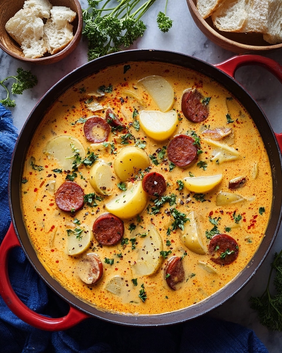 A large round pan with a dark interior and a bright red handle holds a creamy orange soup filled with several layers of ingredients. The base layer is a thick orange broth with small flecks and spots of seasoning, swirled throughout. Floating on top are several chunks of soft yellow potatoes cut into wedges and slices, mixed with round slices of reddish-brown sausage. Bits of fresh green parsley are scattered over the soup, along with small black pepper specks adding texture. The pan sits on a white marbled surface with some fresh parsley sprigs around it and a speckled white bowl of light bread pieces nearby. A blue cloth is visible under the pan. photo taken with an iphone --ar 4:5 --v 7