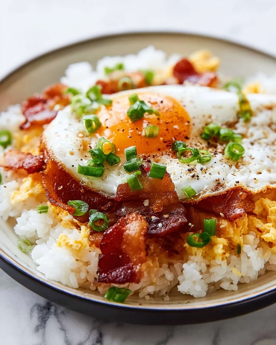 A close-up of a black plate filled with a dish consisting of three layers: the bottom layer is soft white cooked rice, topped with a layer of scattered scrambled eggs cooked to a light yellow color with a fluffy texture, and crispy, dark brown bacon strips placed unevenly on top. On top of the bacon and eggs, finely chopped bright green spring onions are spread evenly for garnish, with small red chili flakes sprinkled sparingly over the dish. The plate sits on a white marbled surface. photo taken with an iphone --ar 4:5 --v 7