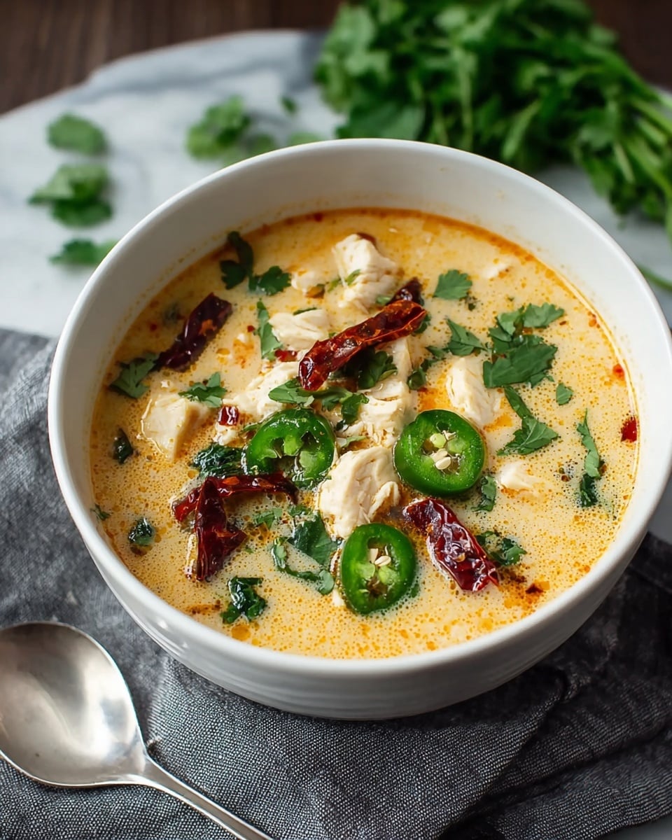 A white bowl holds a creamy soup with a light orange color. Inside the soup, there are chunks of white chicken scattered evenly. Green jalapeño slices float on top, along with fresh green cilantro leaves. There are pieces of dark red dried chili scattered across the surface. The bowl sits on a gray cloth on a white marbled background. A silver spoon lies next to the bowl. In the back, some green cilantro leaves are slightly blurred. photo taken with an iphone --ar 4:5 --v 7