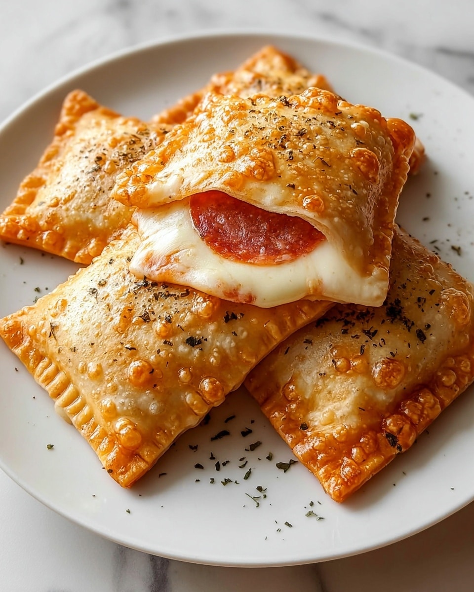 The image shows four square-shaped pizza pockets on a white plate, each with a golden brown, crispy crust that has small bubbles and a slightly uneven texture. The top pizza pocket is slightly opened, revealing a layer of melted white cheese that is creamy and stretchy, along with a visible layer of red pepperoni underneath. The surface of the pockets is sprinkled with small black herbs, adding a contrast on the golden crust. The plate sits on a white marbled surface, enhancing the warm tones of the food. photo taken with an iphone --ar 4:5 --v 7
