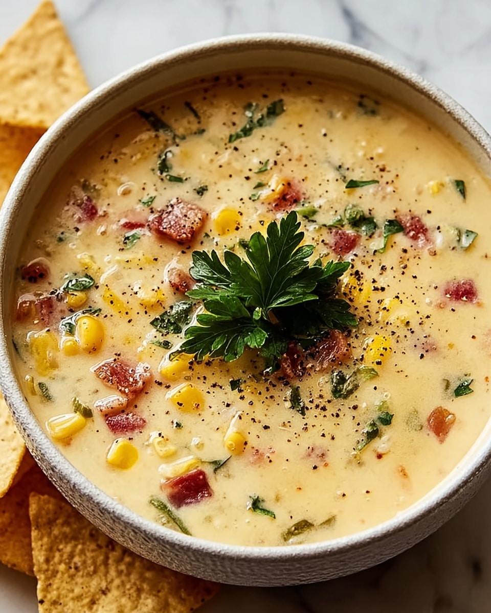 A creamy soup is shown inside a white bowl with a rough textured edge. The soup is pale yellow with visible small pieces of yellow corn, red bits that look like bacon or ham, and tiny green herbs or vegetables mixed throughout. On top, there is a sprinkling of black pepper and a sprig of fresh green parsley placed in the center. The bowl is set on a white marbled surface with a few triangular beige corn chips slightly visible near the bowl’s edge. Photo taken with an iphone --ar 4:5 --v 7