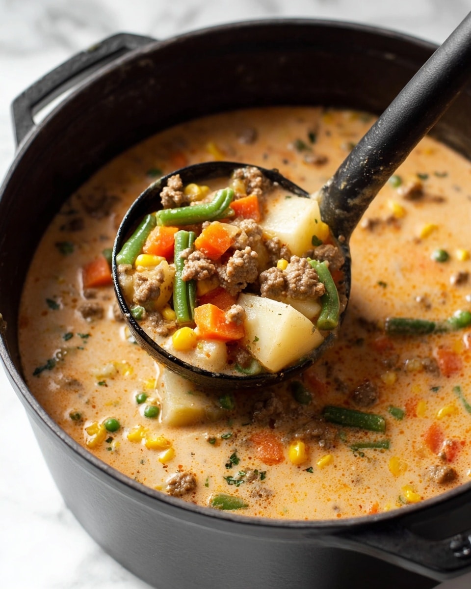 A black pot filled with creamy soup showing four layers: a light orange creamy base with small oil spots, chunks of white potatoes, cooked green beans, peas, corn kernels, diced orange carrots, and browned ground meat pieces floating and mixed throughout. A black ladle lifts a portion, highlighting the same colorful mix of vegetables and meat in the thick soup. The pot sits on a white marbled surface. photo taken with an iphone --ar 4:5 --v 7