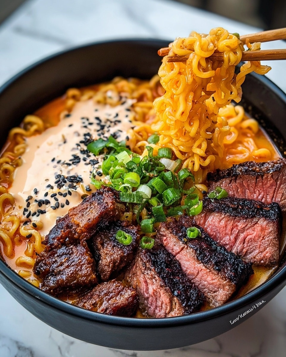 A close-up of a bowl filled with several layers starting with a base of thick yellow noodles coated in a rich, spicy orange broth filling the right side. On top, pieces of tender grilled steak slices with a dark brown, slightly charred texture, garnished with small, fresh green chopped scallions. The left side has a creamy, light beige dollop topped with scattered black sesame seeds and more green scallions. A woman's hand using wooden chopsticks is lifting a bundle of noodles above the bowl. The bowl is white with a black rim and sits on a white marbled surface. Photo taken with an iphone --ar 4:5 --v 7