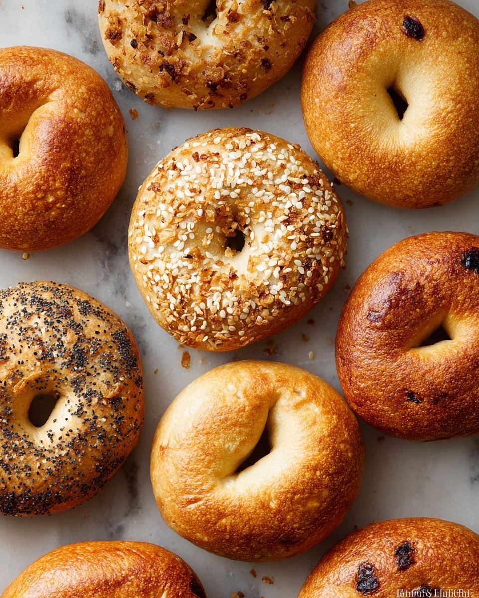 A close-up view of nine bagels placed directly on a white marbled surface, showing a mix of plain, seeded, and darker varieties. The bagels are arranged in a random pattern, with two topped with a mix of white sesame seeds, black poppy seeds, and toasted onion flakes, giving a textured and speckled look. The plain bagels have a smooth, golden brown crust with light browning patches. The darker bagels are rich brown with some visible raisins or chocolate chips inside. All bagels have a classic round shape with a thick ring and a central hole, showing a shiny, slightly bumpy crust texture. photo taken with an iphone --ar 4:5 --v 7