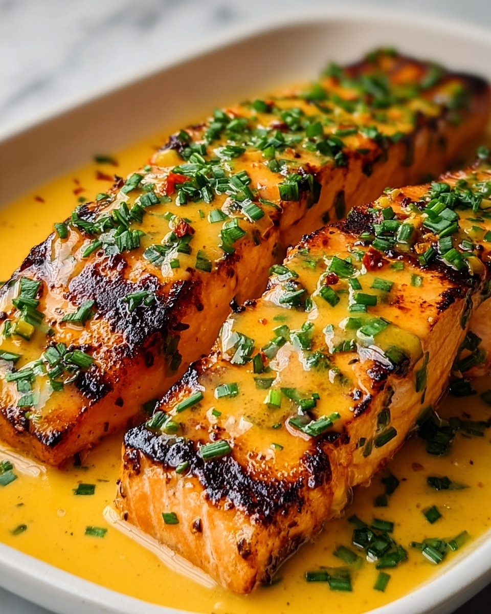 The image shows four thick salmon pieces with a grilled brown and pink texture, each with three visible sides. A smooth, bright yellow sauce covers the top and drips down all sides of the salmon in uneven patches. Bright green chopped chives are sprinkled generously on the sauce, adding a fresh contrast. The salmon pieces are arranged tightly side by side on a white plate with rounded edges, which rests on a white marbled surface. The overall look is fresh, colorful, and slightly glossy with a home-cooked style. photo taken with an iphone --ar 4:5 --v 7