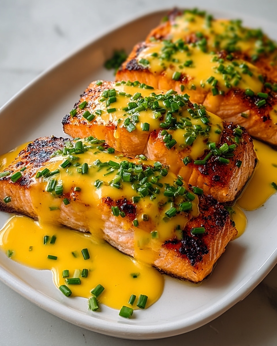 Two grilled salmon fillets sit side by side in a white dish, each fillet showing four thick, juicy layers with a lightly charred, golden-brown crust on top. A glossy, bright yellow sauce is drizzled generously over the fillets, pooling slightly at the base. Fresh, finely chopped green chives and parsley are sprinkled all over, adding vibrant green specks against the warm salmon and sauce. The background is a white marbled texture, enhancing the rich colors and textures of the salmon. photo taken with an iphone --ar 4:5 --v 7