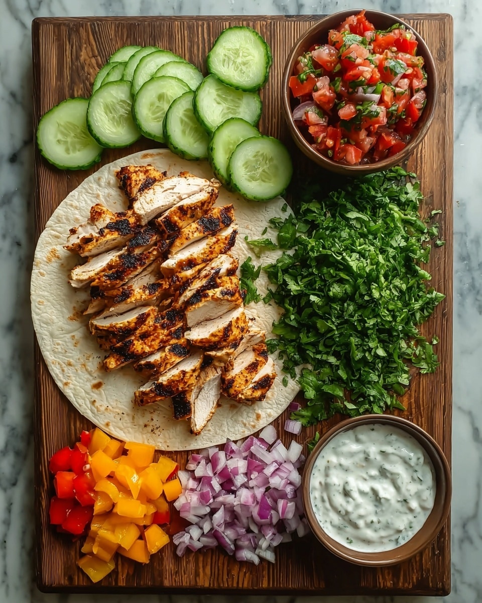 This image shows a wooden board with a flat white tortilla at the bottom left topped with several slices of grilled chicken that are golden brown with char marks. To the left of the tortilla, there are thin, round slices of fresh cucumber arranged neatly. Above the cucumber, there is a small brown bowl filled with a chunky mix of diced red tomatoes and green herbs. To the right of the tortilla, a large pile of chopped fresh green cilantro spreads upward and a little to the right. At the top right corner, there are two small bowls; one with white creamy sauce speckled with herbs, and the other with bright red chunky sauce. Below the sauces, small piles of diced yellow and orange bell peppers sit next to a small heap of chopped purple onions. The wooden board rests on a white marbled surface. photo taken with an iphone --ar 4:5 --v 7