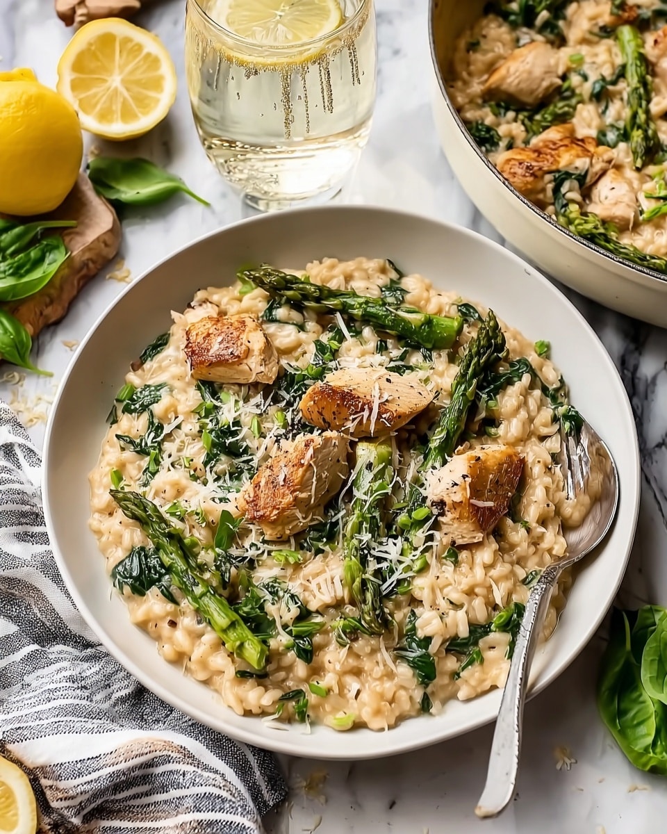 A white plate holds a creamy risotto base colored light beige with a smooth texture, mixed with dark green spinach leaves spread evenly throughout. On top, thick pieces of golden brown, seared chicken are scattered alongside bright green roasted asparagus spears. A sprinkle of finely grated white cheese and small bits of chopped herbs are spread over the dish. To the right side of the plate, a spoon rests partially inside the risotto. Behind the plate, there is a clear glass filled with a sparkling drink and a slice of lemon, a lemon wedge sits on the white marbled surface with some green spinach leaves nearby, and a white pan filled with more of the same risotto can be seen on a striped cloth. photo taken with an iphone --ar 4:5 --v 7