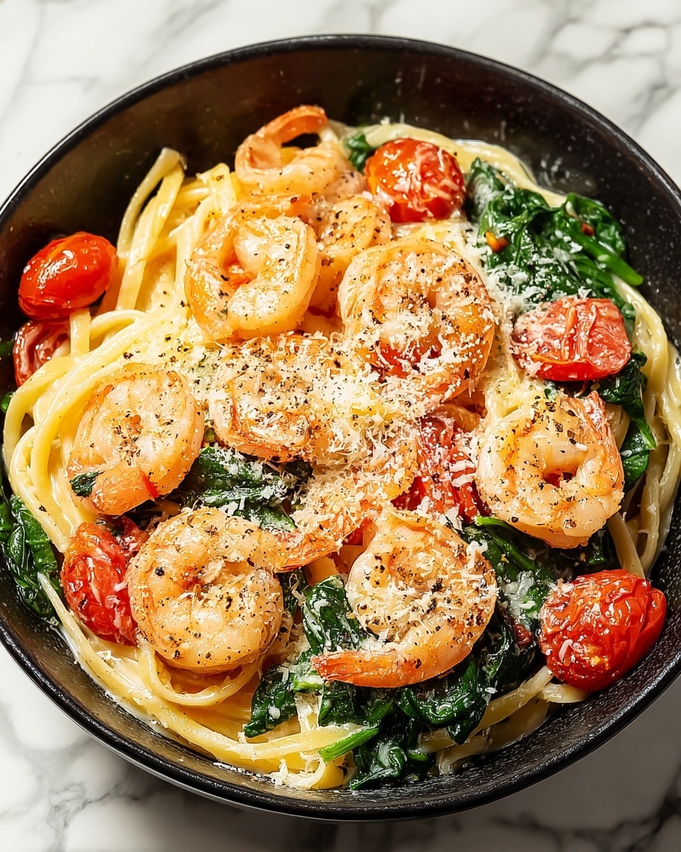 A black bowl holds a creamy pasta dish with three visible layers: the bottom layer is thick, pale yellow noodles spread evenly; the middle layer consists of bright green spinach leaves and halved cherry tomatoes showing a shiny red interior; the top layer has several pink-orange cooked shrimp scattered around, lightly seasoned with black pepper and topped with a sprinkling of grated white cheese. The bowl rests on a white marbled surface. photo taken with an iphone --ar 4:5 --v 7