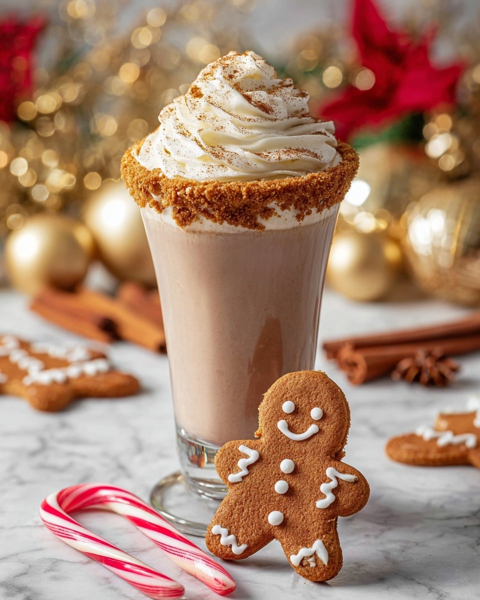 The image shows a clear glass filled with a creamy light brown drink as the first layer, topped with a thick layer of white whipped cream swirled on top and sprinkled with a light brown powder. The rim of the glass is coated with a crumbly brown coating. On top of the whipped cream, there is a brown gingerbread cookie shaped like a smiling gingerbread man decorated with white icing. The glass stands on a white marbled surface scattered with red and white sprinkles, with candy canes, cinnamon sticks, and gingerbread cookies nearby. There are blurred golden decorations in the background. Photo taken with an iphone --ar 4:5 --v 7