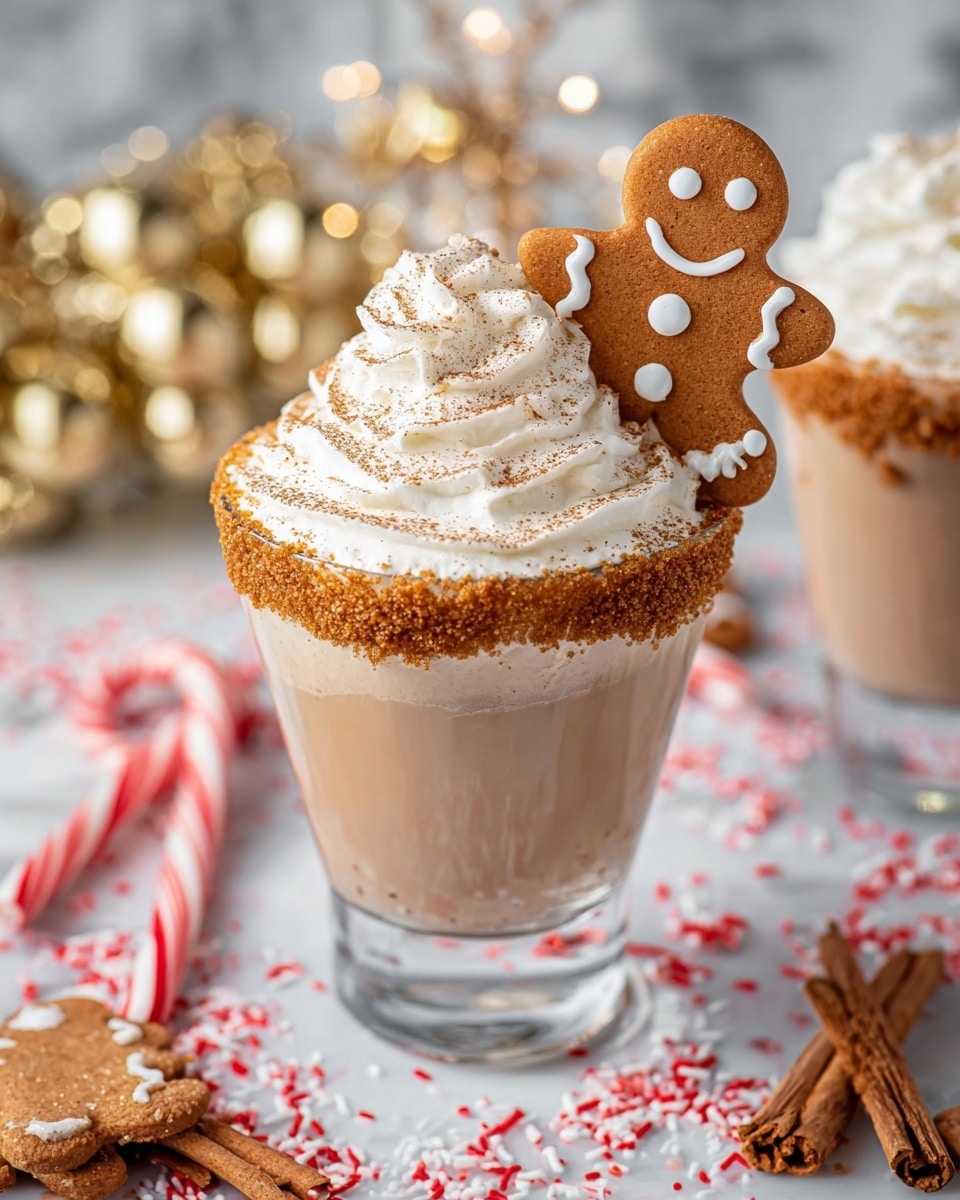 A tall clear glass filled with a smooth, light brown creamy drink, topped with a thick layer of fluffy white whipped cream swirled in a circular pattern and sprinkled with a light dusting of cinnamon. The glass rim is coated with a crumbly golden brown crust. In front of the glass, a smiling gingerbread cookie with white icing details leans against it. On the white marbled surface, two red and white striped candy canes are placed in the foreground. In the blurred background are more gingerbread cookies, cinnamon sticks, and festive golden ornaments, creating a warm holiday feel. Photo taken with an iphone --ar 4:5 --v 7