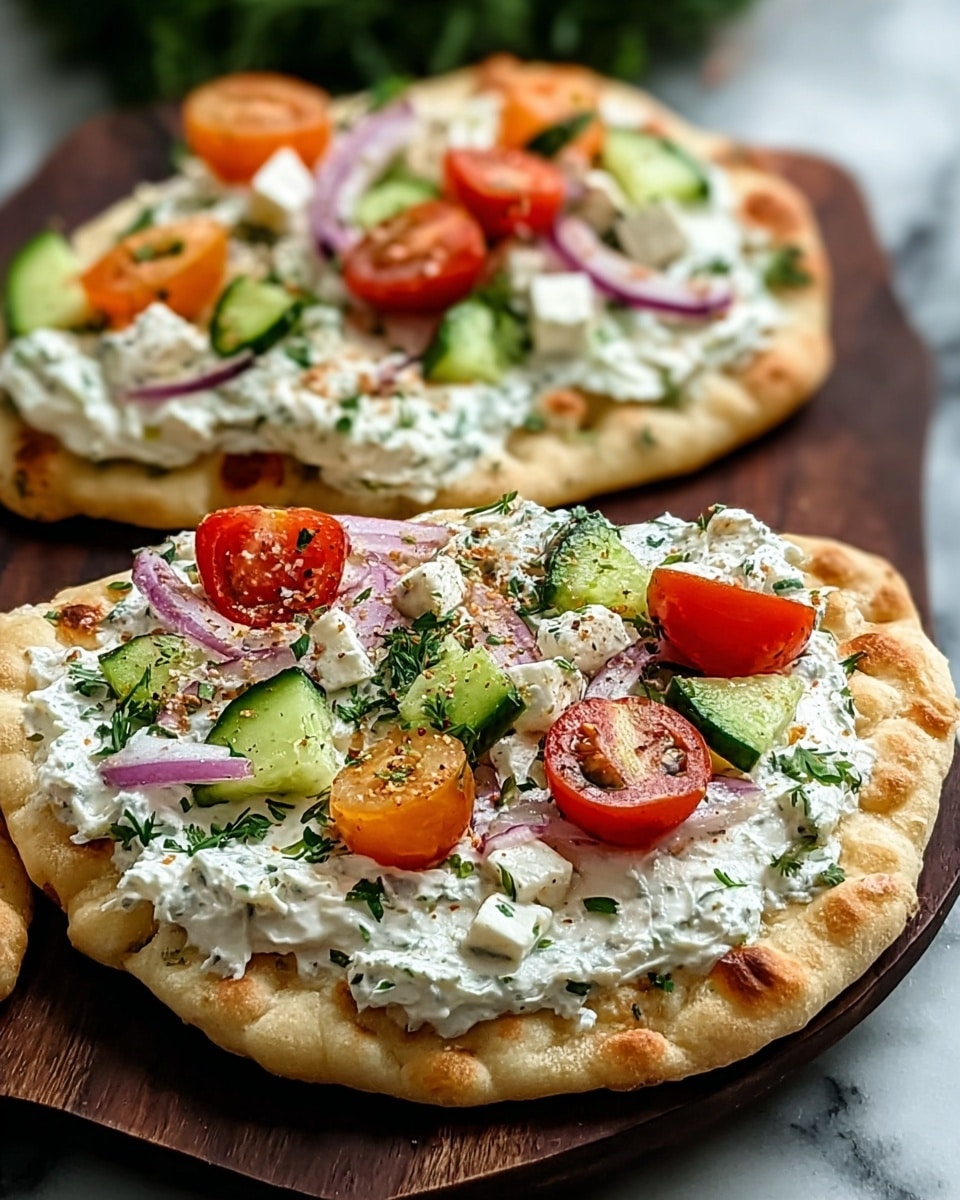 The image shows two flatbreads on a dark wooden board placed on a white marbled surface, each topped with a thick, creamy white spread. On top of the spread, there are halved bright red cherry tomatoes, green cucumber chunks, and thin slices of light purple onion scattered evenly. Small white cheese cubes and finely chopped green herbs are also sprinkled across the flatbreads. The flatbread edges are golden brown with a soft, slightly puffy texture, creating a warm contrast to the cool toppings. The scene is clear and focused with natural light highlighting the freshness of the ingredients. Photo taken with an iphone --ar 4:5 --v 7