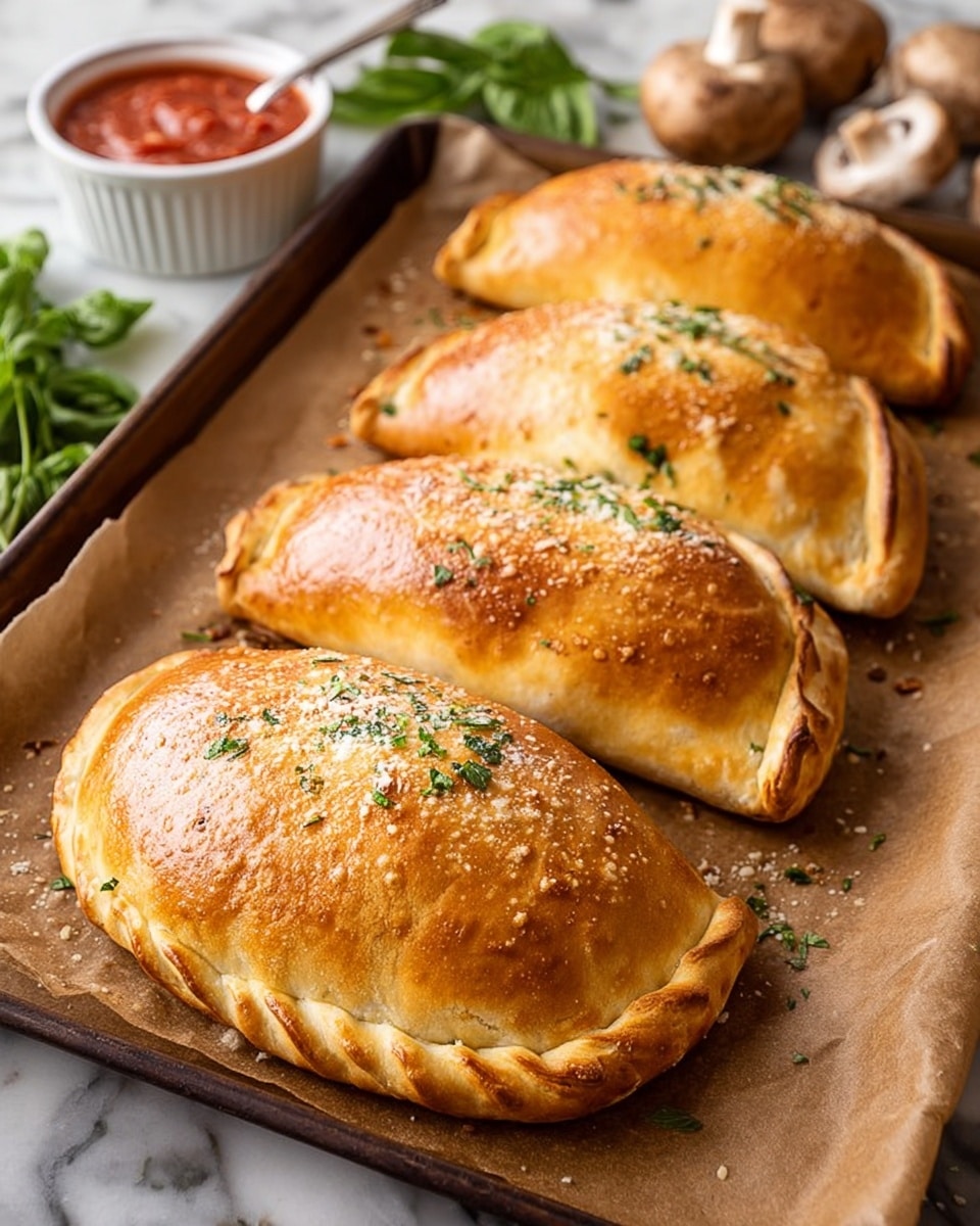 Four golden brown calzones sit on brown baking paper inside a baking tray. Each calzone has a shiny, smooth surface with sprinkled light beige cheese and small green herb bits on top. The calzones have a thick, folded edge with a slightly puffed texture. In the background, there is a small white bowl of tomato sauce with a spoon and some green leaves and mushrooms on a white marbled surface. photo taken with an iphone --ar 4:5 --v 7