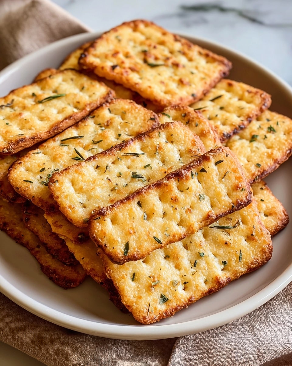 A white ceramic bowl is filled with two layers of rectangular golden-brown crackers, arranged vertically and slightly overlapping. Each cracker has a crispy texture with small holes evenly spaced on the surface and is topped with melted cheese that has a bubbly, slightly browned appearance. The melted cheese is mixed with small green herb leaves, adding specks of color throughout. The crackers look crunchy and flavorful, piled high inside the bowl, which sits on a white marbled textured surface. photo taken with an iphone --ar 4:5 --v 7