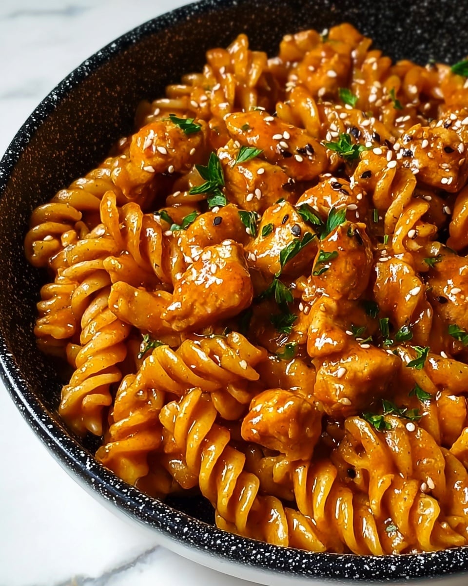 The dish shows a close-up of spiral pasta mixed with chunks of browned chicken pieces. The pasta is coated in a shiny, rich brown sauce that appears thick and glossy. The chicken pieces are golden-brown with specks of black pepper and char marks, giving a textured look. Small bits of green herbs are scattered on top, adding a fresh contrast to the warm colors of the sauce and chicken. The food is inside a dark skillet, with the edges visible around the pasta. photo taken with an iphone --ar 4:5 --v 7