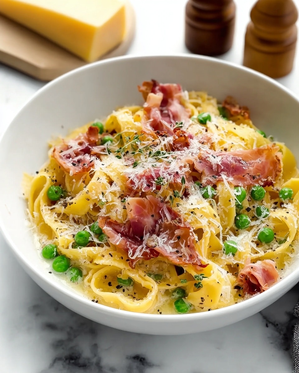 A white bowl filled with wide, flat pasta ribbons layered with bright green peas and thin slices of crispy reddish-brown bacon, all evenly mixed. The pasta is coated in a creamy sauce that gives it a light yellow color and a smooth texture. On top, there is a generous sprinkle of finely grated white cheese, adding a slightly grainy texture and covering the pasta and peas. A fork lifts a mix of pasta, peas, bacon, and cheese above the bowl, showing the layered ingredients clearly. The background is a white marbled surface. photo taken with an iphone --ar 4:5 --v 7