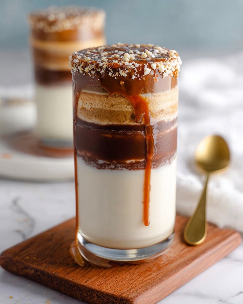 Two tall clear glasses filled with a layered drink stand on a white marbled surface, each glass sitting on a small rectangular wooden board atop a white square coaster. Each glass has five visible layers from bottom to top: a dark brown layer, a light creamy beige layer, a medium brown layer, a thicker light beige frothy layer with some swirls, and a white creamy foam at the top. The rims of the glasses are coated with a crumbly golden-brown coating, with a small mound of the same coating sprinkled in the center of the foam. In the background, a white dish holds more of the crumbly topping, and a golden spoon lies nearby on the white marbled surface. The scene is softly lit with a blurred white cloth in the background. Photo taken with an iphone --ar 4:5 --v 7