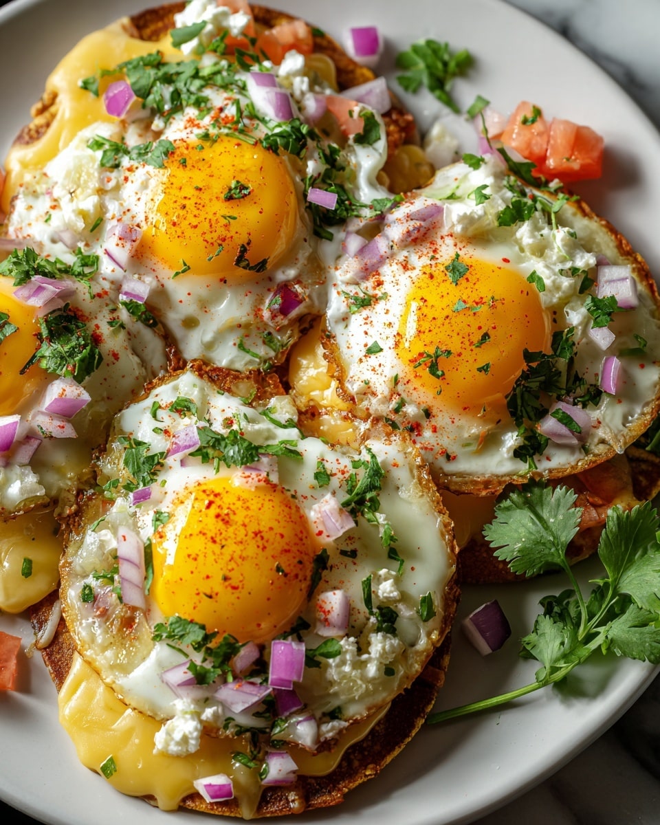 A white plate holds four tostadas, each topped with a golden brown crispy base. On top of every tostada is a fried egg with bright yellow yolks and slightly crispy white edges. Around and beneath the eggs is melted cheese with a smooth, creamy texture in pale yellow. Scattered over the dish are small pieces of diced red onion, fresh green herbs, and tiny cubes of fresh tomato, adding red, green, and purple colors with a fresh look. Light sprinkles of red spices are on the eggs, and there are some whole fresh green herbs near the plate, all set on a white marbled surface. photo taken with an iphone --ar 4:5 --v 7