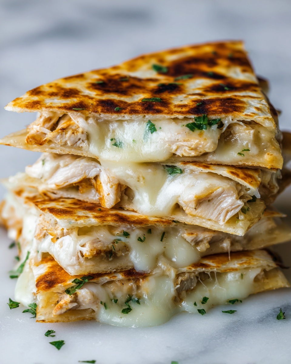 The image shows a stack of three grilled quesadilla slices placed on a white marbled surface. Each slice is golden brown with some darker grilled spots on the outside layer which is a thin, slightly crispy tortilla. Inside, there are visible layers of creamy melted white cheese seeping out, mixed with chunks of juicy cooked chicken. The cheese is stringy and gooey, spreading over and between the layers. Small green parsley flakes are sprinkled on top and through the melted cheese, adding a fresh contrast in color. The quesadilla looks warm and soft with a slightly crunchy outside. photo taken with an iphone --ar 4:5 --v 7