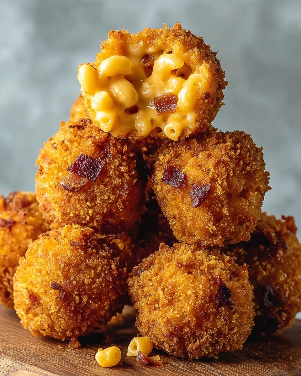 A close-up view of a stack of six crispy golden-brown fried macaroni and cheese balls on a wooden surface, with the top ball cut open to show creamy, yellow-orange macaroni mixed with small pieces of bacon inside; the coating looks crunchy and textured, with darker brown spots from frying, against a soft gray background replaced by a white marbled texture. photo taken with an iphone --ar 4:5 --v 7