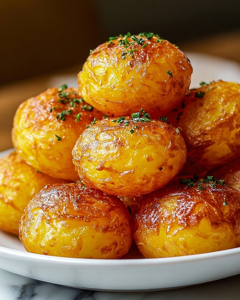 A close-up view of a pile of round, golden-brown potato balls stacked high in a white bowl. Each potato ball has a crispy, slightly shiny surface with varied textures showing thin, crunchy edges and soft insides. Small green herb flakes are sprinkled evenly on top, adding contrast to the warm golden-yellow color of the potatoes. The background is softly blurred with a white marbled texture beneath the bowl, highlighting the warm tones of the dish. photo taken with an iphone --ar 4:5 --v 7