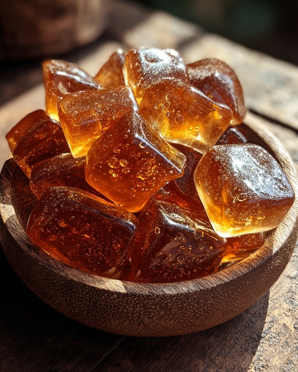 A rustic wooden bowl filled to the top with shiny amber brown candy pieces that have a smooth, glossy surface and look slightly translucent with tiny bubbles inside. The candy is piled high in an uneven mound, showing different shapes like rounded rectangles and squares, each catching the light with sparkling reflections and warm golden highlights. The bowl sits on a rough wooden surface with soft daylight creating deep shadows and a cozy mood. photo taken with an iphone --ar 4:5 --v 7