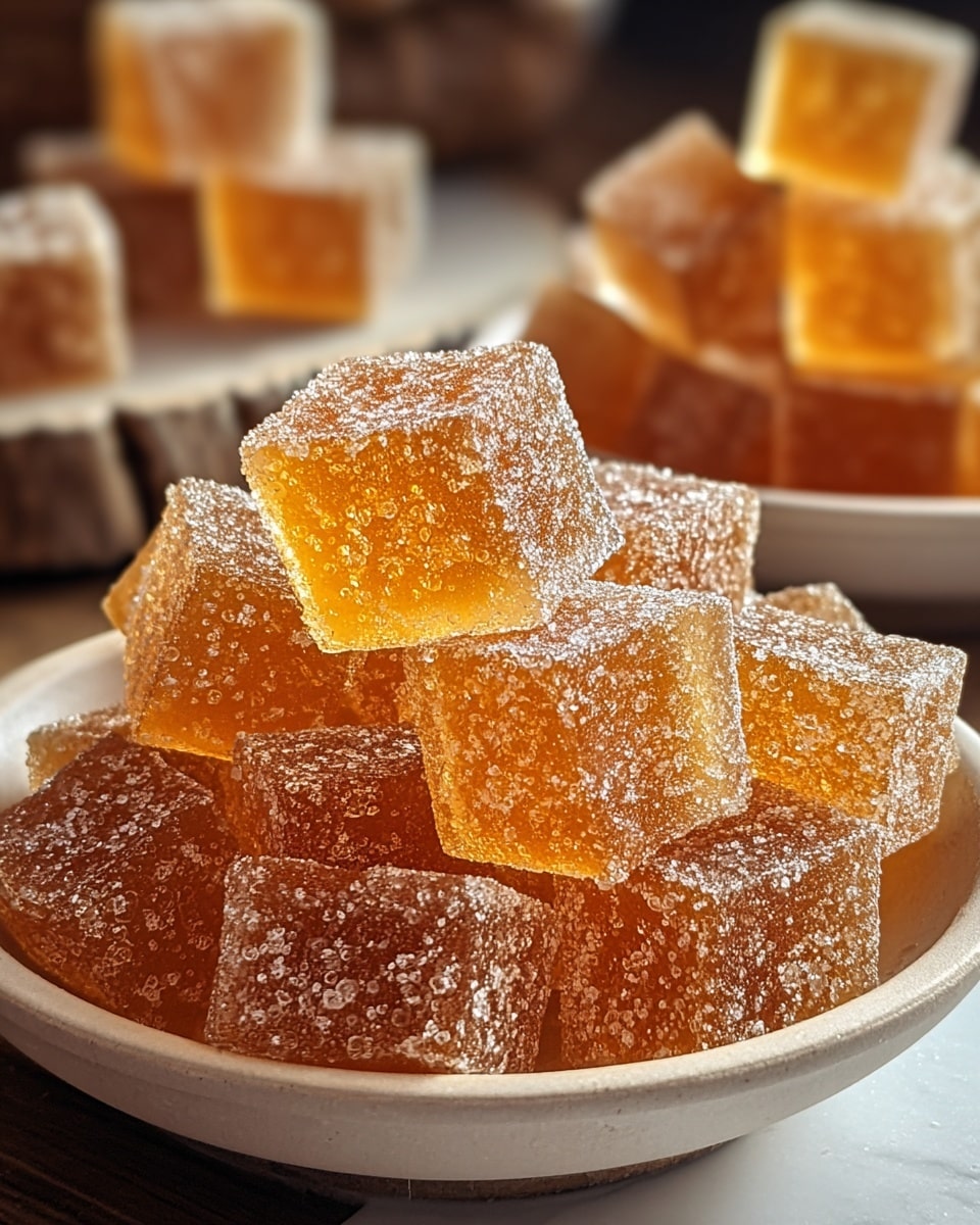 A close-up view of a small pile of translucent, amber-colored gummy cubes dusted lightly with sugar crystals, stacked unevenly in a shallow white bowl. The gummies have a shiny, slightly sticky texture with some showing small air bubbles inside, and their edges catch the light with a glistening effect. In the blurred background, there are more similar cubes inside another shallow white bowl, all resting on a white marbled surface. Photo taken with an iphone --ar 4:5 --v 7