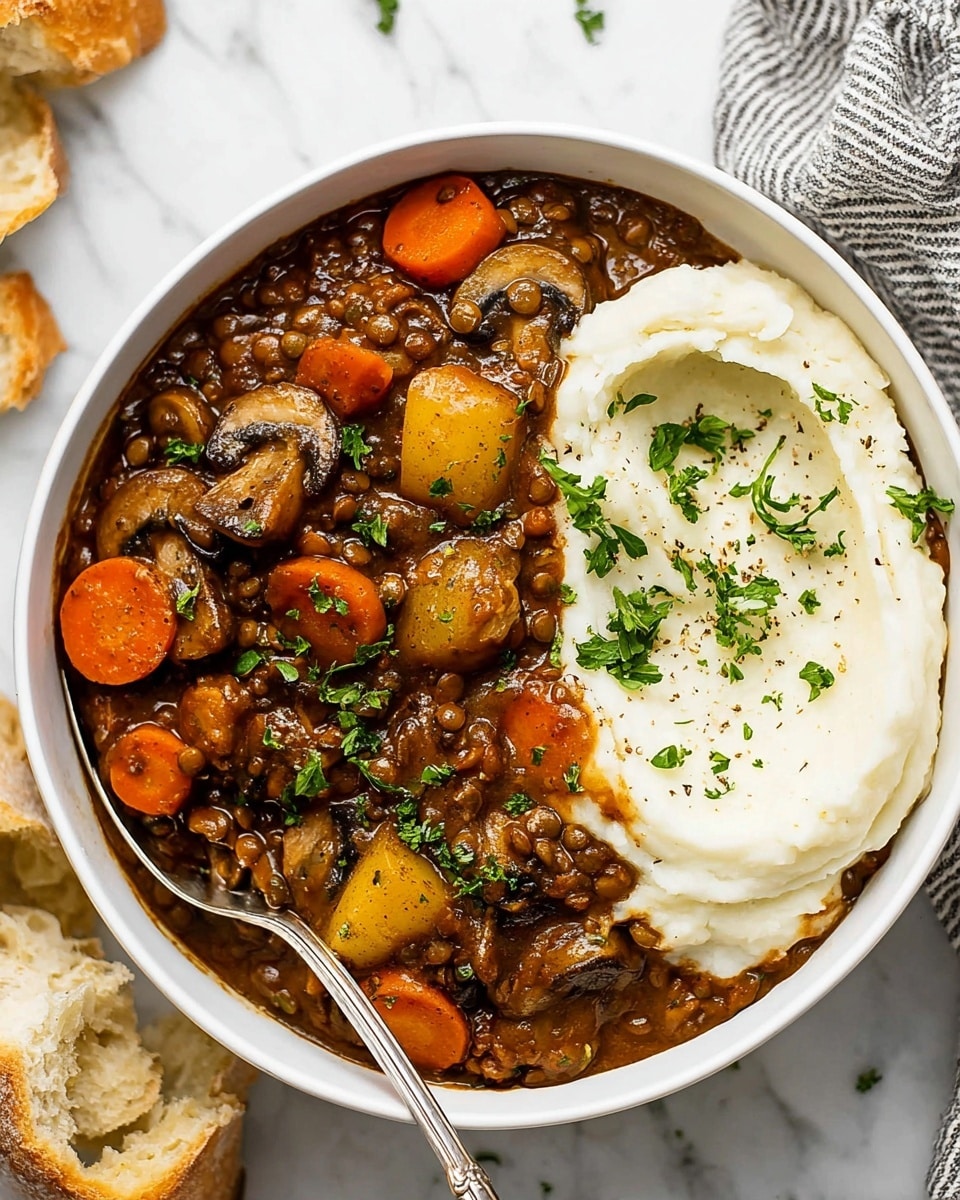 A white bowl filled with a vegetable stew layered on the left side, showing soft brown mushrooms, orange carrot slices, and golden potato chunks mixed in a thick dark brown sauce with small lentils. On the right side, there is a smooth, creamy white mashed layer with a few green herb sprinkles scattered on top. The bowl is placed on a white marbled surface with a silver spoon and fork resting on the side inside the bowl, and torn pieces of bread on the corner. Photo taken with an iphone --ar 4:5 --v 7