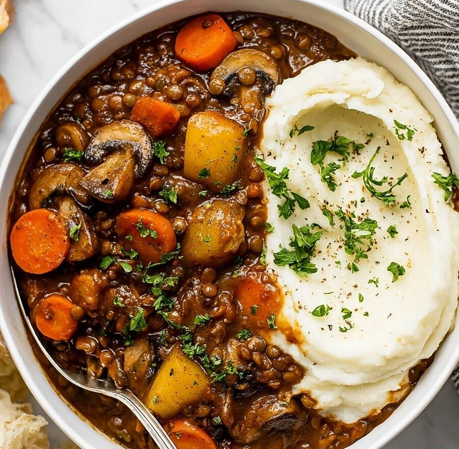 A close-up view of a deep white pot filled with thick brown stew showing visible layers of ingredients including orange carrot slices, light tan mushroom slices, small green herb pieces, and lentils, all mixed in a rich brown sauce. A wooden spoon with a long handle rests inside the pot, partially submerged in the stew. Fresh green chopped herbs are sprinkled on top, adding contrast to the stew. Next to the pot, on a white marbled surface, there is a small white bowl with extra chopped green herbs. A black and white striped cloth is partly visible beside the pot. Photo taken with an iphone --ar 4:5 --v 7