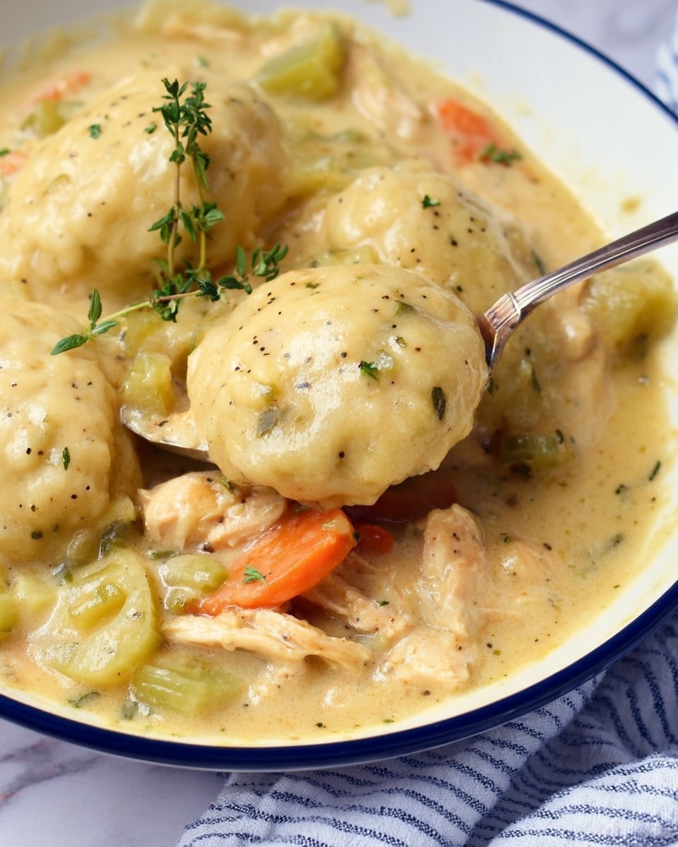 A close-up view of a bowl filled with light creamy yellow stew containing several soft dumplings, chunks of chicken, and sliced veggies like orange carrots and green celery, all covered in a thick, smooth sauce with visible herbs. One dumpling is lifted by a spoon and shows a moist, speckled texture, while a small green thyme sprig adds a fresh touch on top. The stew looks rich and comforting, served in a white bowl with a blue rim, placed on a white marbled surface with a blue and white striped cloth underneath. Photo taken with an iphone --ar 4:5 --v 7