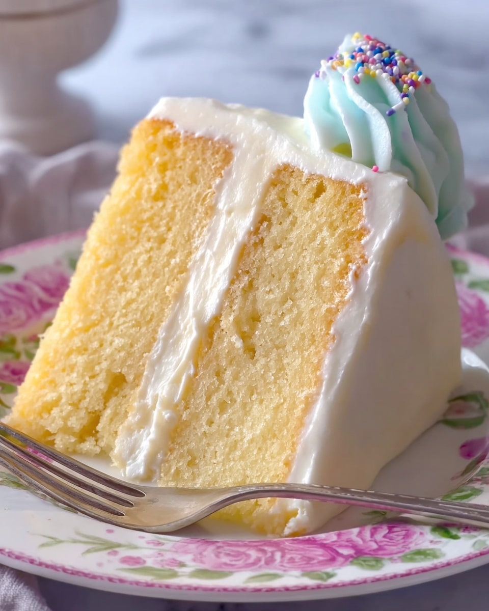 A close-up of a slice of two-layer yellow cake with white creamy frosting between the layers and covering the outside, sitting on a white plate with pink floral designs. The cake layers are moist and light yellow, with smooth, thick frosting that slightly drapes down the sides. Behind the cake, there is a swirl of light blue whipped decoration topped with small colorful sprinkles. A shiny silver fork rests on the plate in front of the cake. The background features a soft white marbled texture. photo taken with an iphone --ar 4:5 --v 7