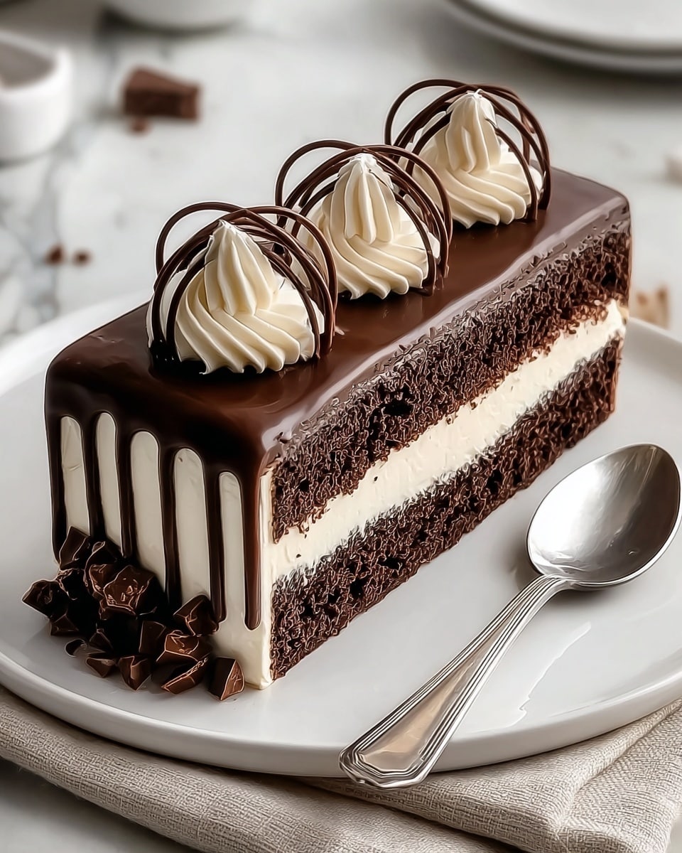 The image shows a rectangular slice of chocolate cake on a white plate, placed on a beige cloth over a white marbled table. The cake has two thick, dark chocolate sponge layers separated by two white cream layers. The entire cake is covered with smooth, shiny dark chocolate ganache. On top, there are three swirls of white cream spaced evenly from front to back, each decorated with thin loops of dark chocolate. There are vertical lines of light brown chocolate sauce dripping down the sides on the left, and a few small chocolate pieces at the base of the cake. A silver spoon lies on the right side of the plate. Photo taken with an iphone --ar 4:5 --v 7