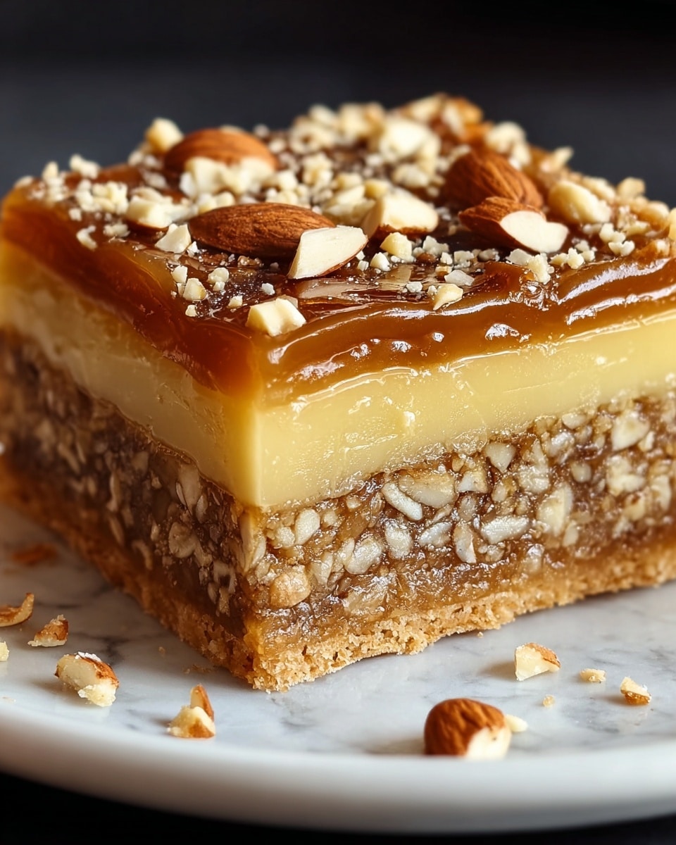 A close-up image of a square pastry slice showing five distinct layers on a white plate. The bottom layer is a light brown crumbly base, followed by a dense, nutty layer with visible pieces of chopped nuts. Above that is a smooth, light yellow custard-like layer. Next is a thin, caramelized golden brown layer with a glossy surface. The topmost layer is a thin, shiny caramel glaze sprinkled with whole almonds and crushed nuts, with some crumbs scattered around the base. The background is a white marbled texture. photo taken with an iphone --ar 4:5 --v 7
