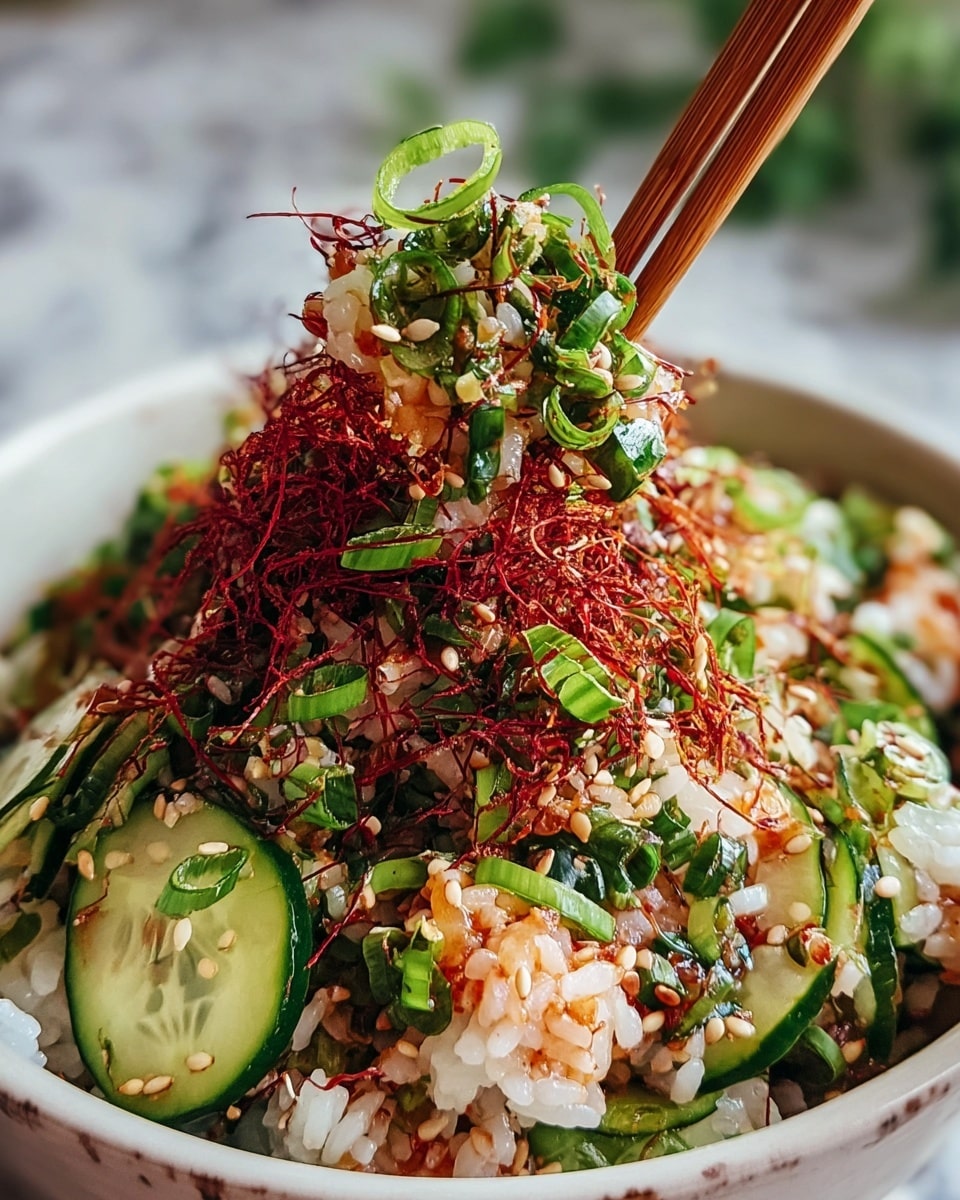 A white bowl holds a colorful rice dish layered with white rice mixed with thin cucumber slices and chopped green herbs. On top, finely shredded red pieces are scattered along with sliced green onions and sesame seeds, adding texture and contrast. The ingredients look fresh and vibrant, with the bright green herbs and onions balancing the warm rice tones and the crispy red garnish, all against a soft white marbled texture in the background. A pair of wooden chopsticks lifts a bite from the bowl, showing the detailed mix of all these layers. photo taken with an iphone --ar 4:5 --v 7