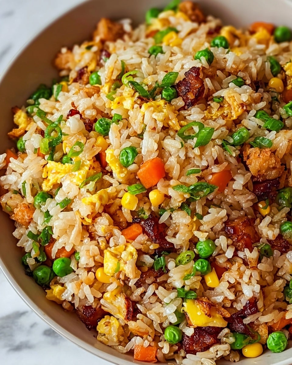 A close-up view of a bowl filled with fried rice showing multiple layers of ingredients mixed together; the base layer is light brown cooked rice, scattered throughout are bright green peas and chopped green onions, yellow corn kernels, small cubes of orange carrots, and bits of lightly browned scrambled egg; some pieces of browned meat or tofu add a darker brown contrast, all ingredients appearing moist and slightly shiny, the bowl is white and sits on a white marbled surface photo taken with an iphone --ar 4:5 --v 7