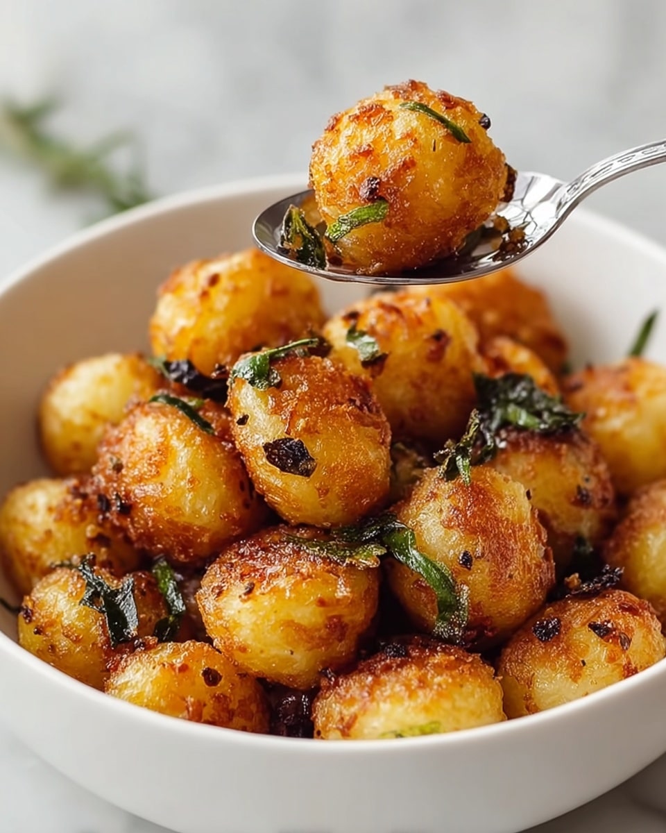 A white bowl filled with many small, round, golden-brown potato balls that have a crispy texture. The potato balls are mixed with small green herb leaves, some slightly darkened from cooking. A silver spoon holds one potato ball above the bowl, showing its crunchy surface and bits of herbs on it. The background and surface are a white marbled texture. photo taken with an iphone --ar 4:5 --v 7
