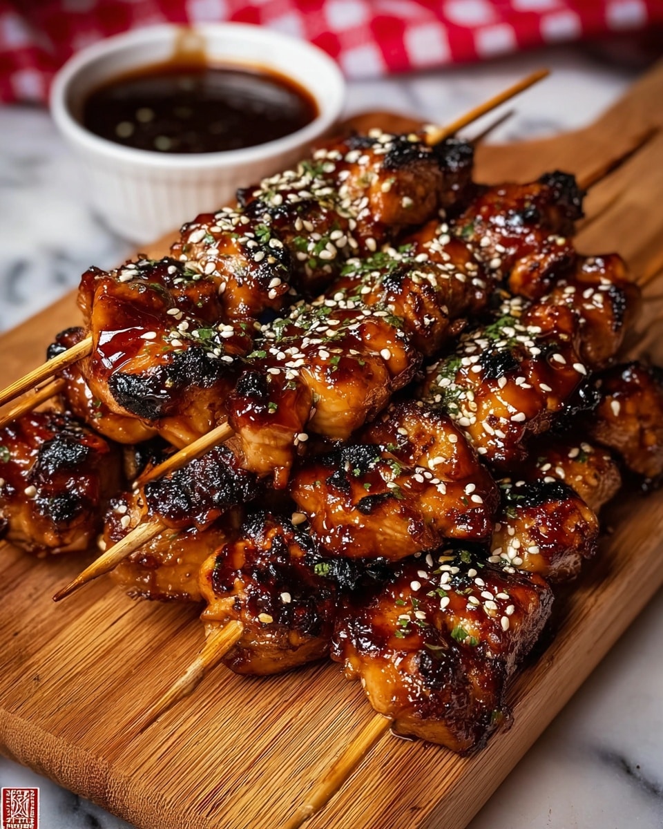 Several wooden skewers hold grilled chicken pieces stacked closely on a wooden board. Each skewer contains about five to six chicken chunks glazed with a shiny, dark brown sauce, showing some charred spots. The chicken is sprinkled with white sesame seeds and small green herbs, adding texture and color contrast. In the back, a round white bowl with a thick dark sauce sits partially visible. The background shows a white marbled surface with a red and white checkered cloth blurred slightly. Photo taken with an iphone --ar 4:5 --v 7