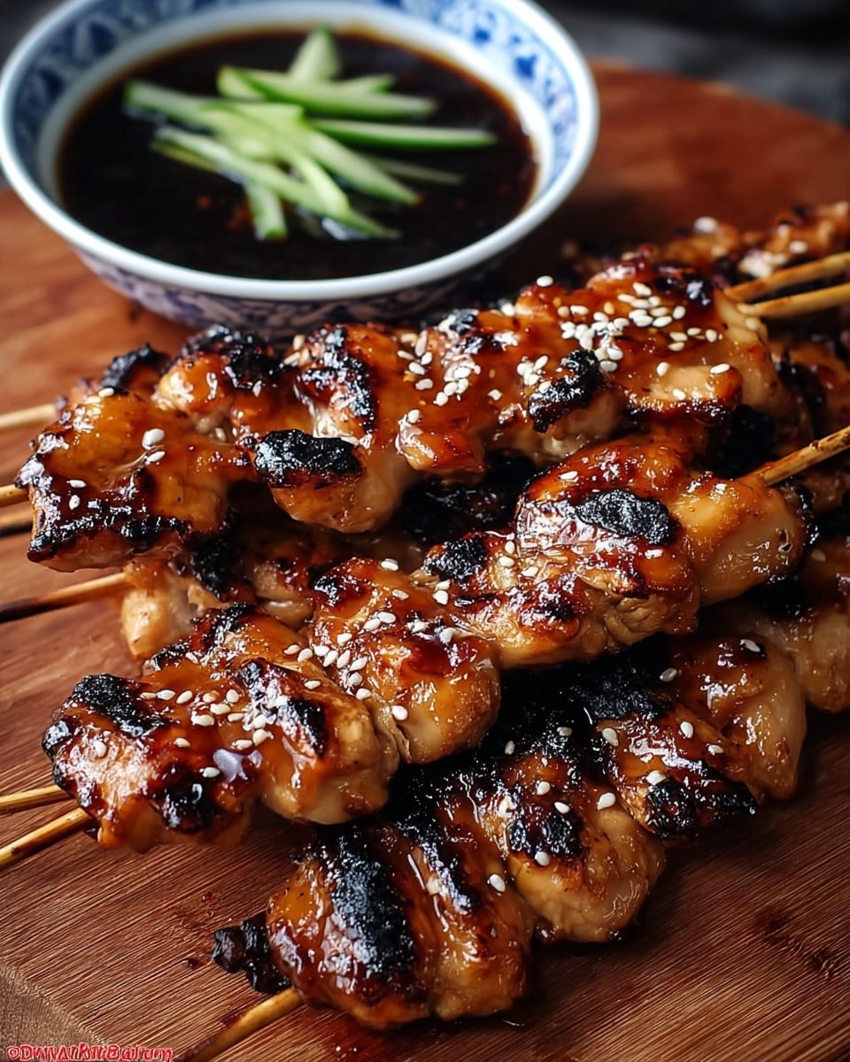 The image shows four grilled chicken skewers lying close together on a wooden surface, each skewer holding several pieces of glazed chicken that are rich golden-brown with glossy char marks and some white sesame seeds sprinkled on top. Behind the skewers, there is a small white bowl with blue patterns filled with dark dipping sauce and garnished with thin green cucumber slices on top. The overall look is shiny and juicy, showing the chicken's texture and caramelized glaze clearly. Photo taken with an iphone --ar 4:5 --v 7
