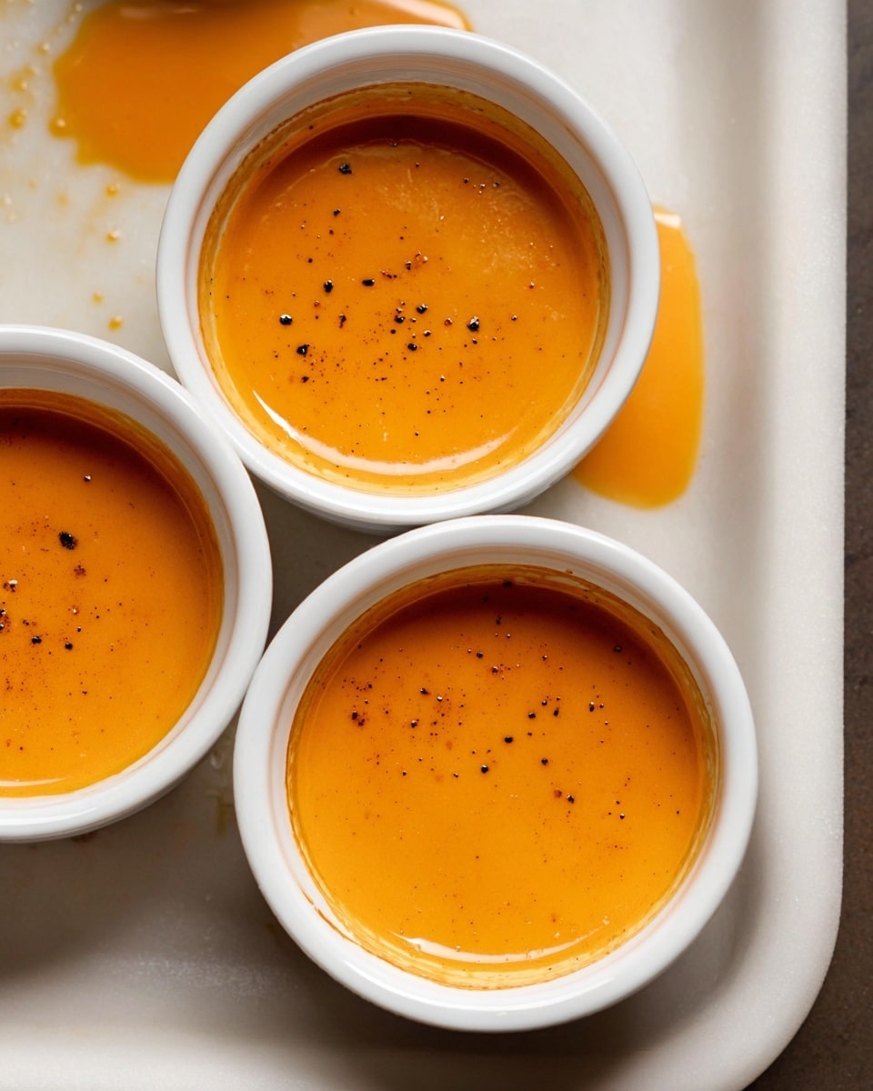 The image shows three round white ramekins filled with smooth, creamy, orange-colored soup or sauce. Each ramekin has tiny black specks scattered throughout the glossy surface, giving texture. The ramekins sit inside a white marbled tray with a few drops and smudges of the orange liquid around the edges. The lighting highlights the shiny surface of the liquid and the clean lines of the ramekins. photo taken with an iphone --ar 4:5 --v 7